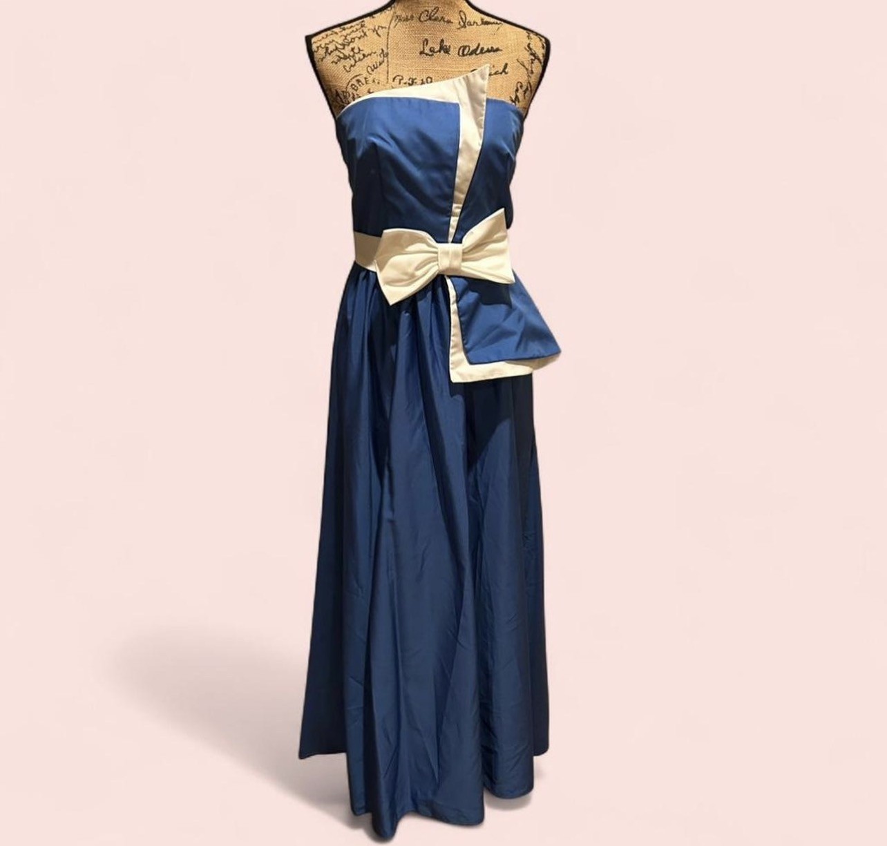 Vintage Prom Dress Royal Blue White 1980 maxi bow detail dress formal special