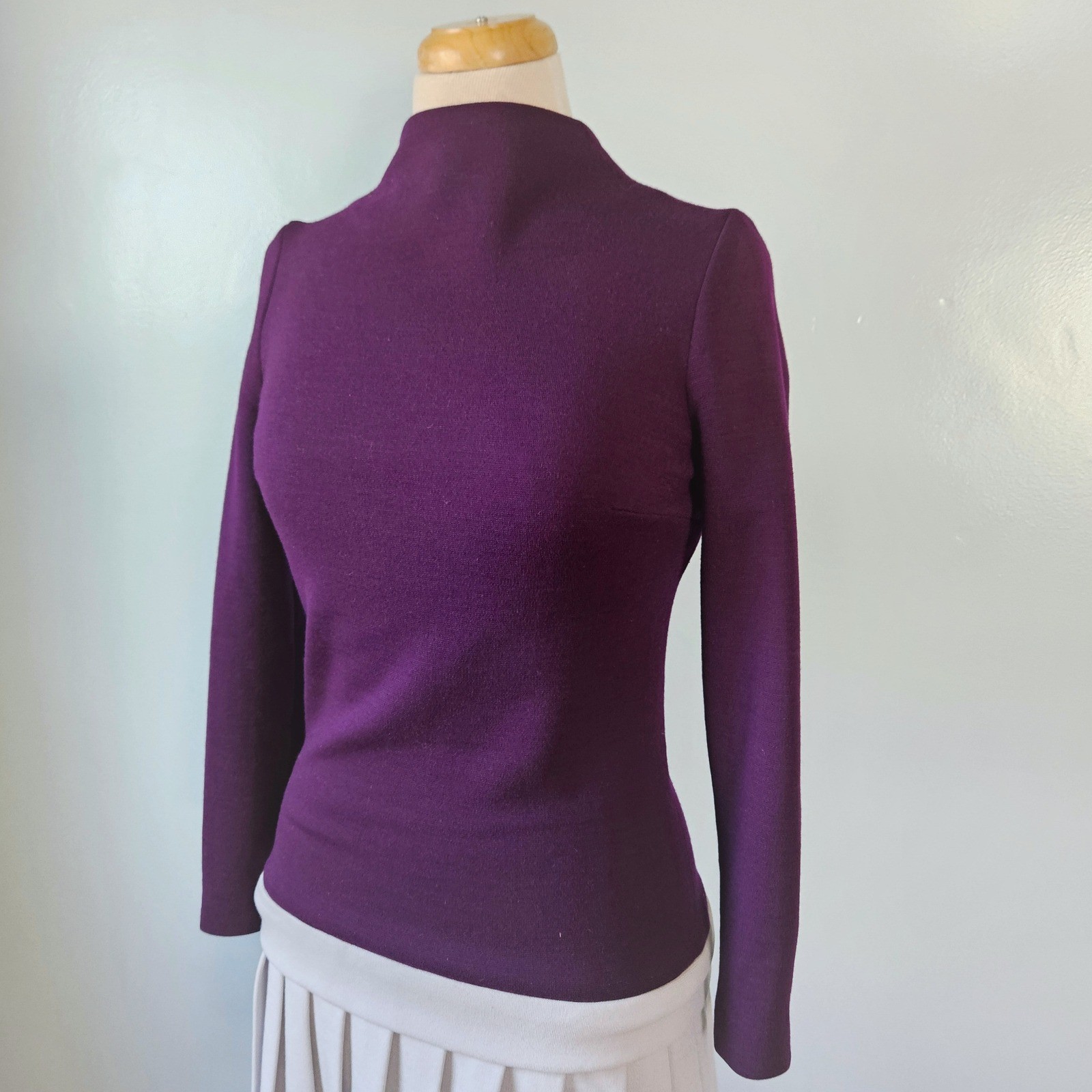 Vintage Kiwa Ltd Purple Gray Mock Neck Drop Waist Pleated Mini Dress Mod Wool M