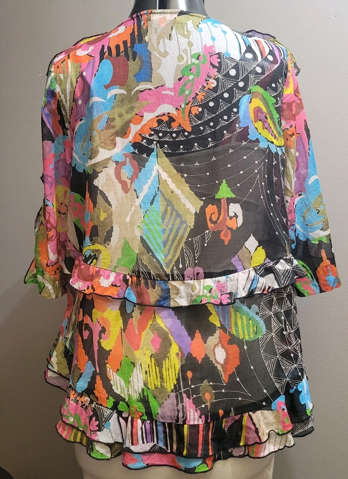 EUC Chacock Mixed Prints Ruffled Blouse Cotton S/M Tassles Tie Neck Abstract