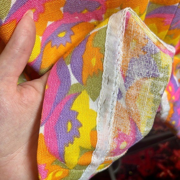 Vintage 60s Woven Linen Psychedelic Flower Power Fitted Dress
