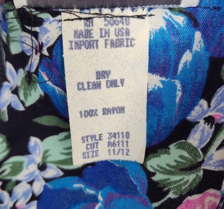 Vintage 1980s Blue and Pink Floral Drip Waist Ruffle Dress Size 11/12