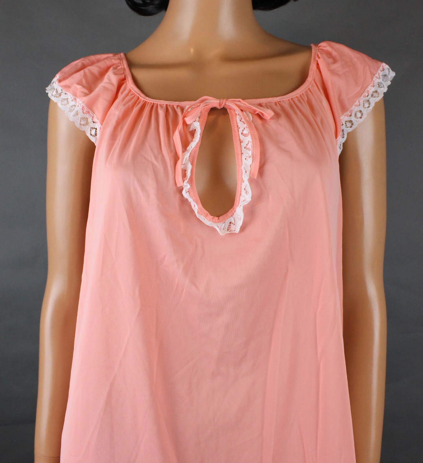 Shortie Nightgown Sz M L Vintage Sleeveless Salmon Pink Keyhole Neck Babydoll