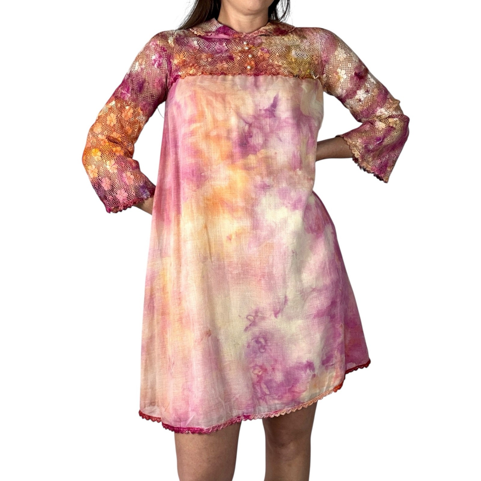 Vintage 1960s Hand Dyed Pink Orange Ice Dye Shift Dress Bell Sleeves Lace Yoke