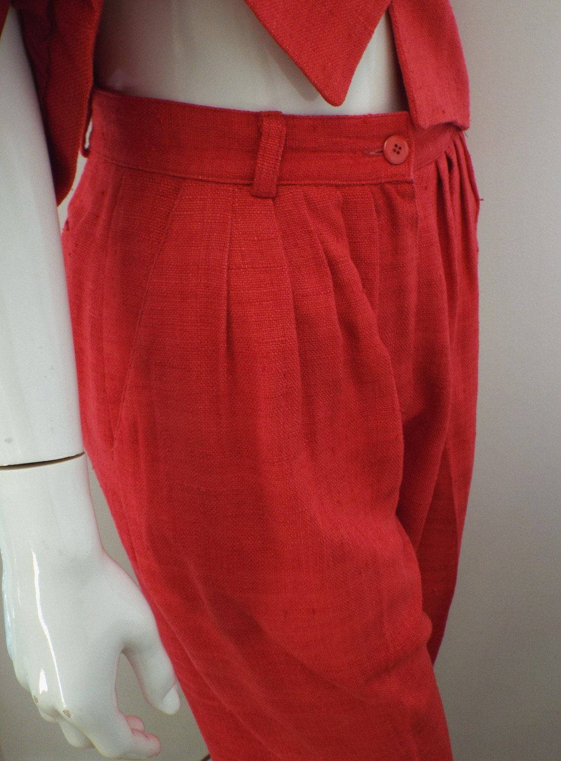 Vintage 1980s KENZO Red Silk Suit Cropped Blazer Jacket & Pleated Pants 38 Small
