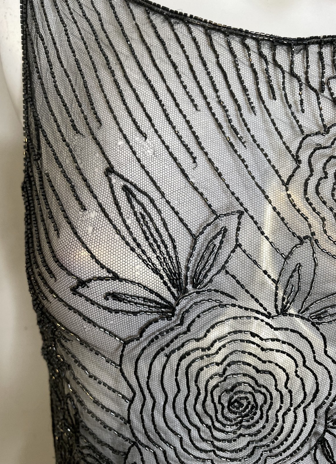 Antique 30s Art Deco Black Lace Sheer Beaded Dress S XS Floral Holes