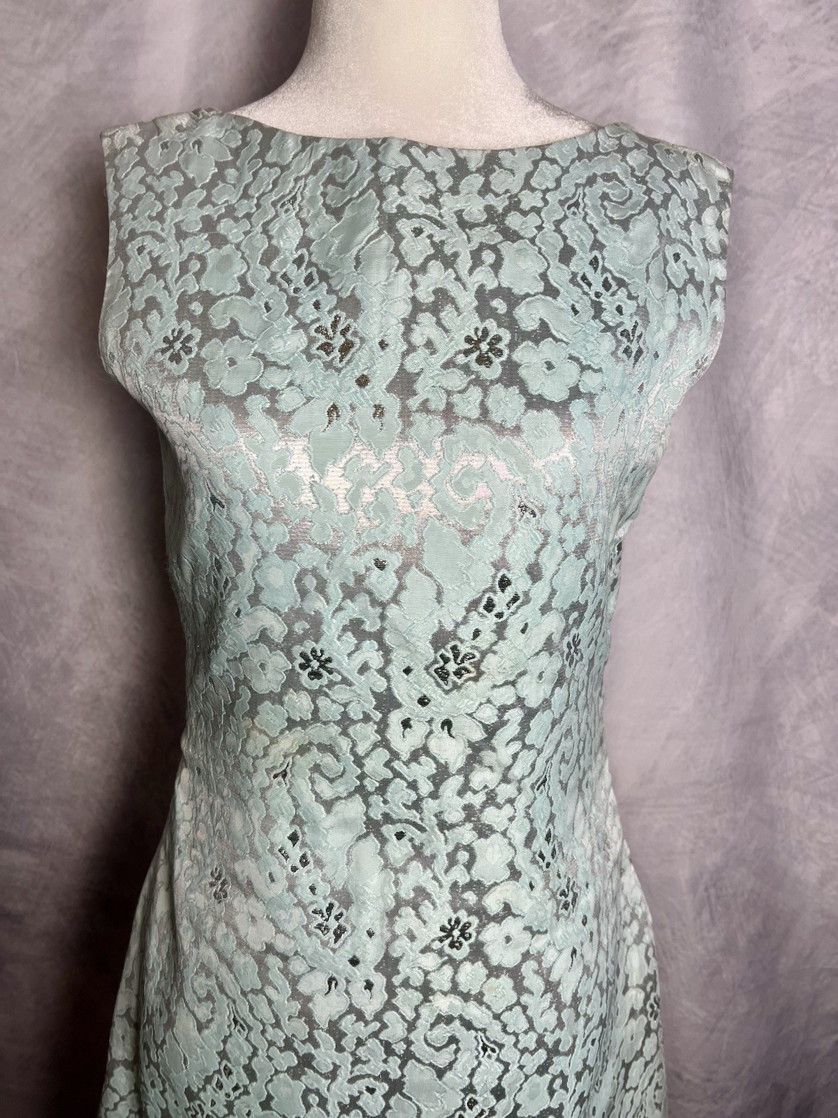 Vintage 1960s Malcolm Starr Cocktail Shift Dress Aqua Silver Floral Metallic S