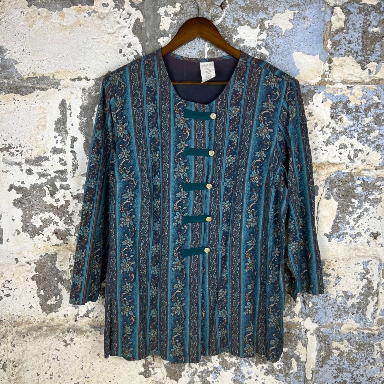 Vintage 80’s Floral Stripe Blouse Teal Blue Frog Button Top Womens 20WP