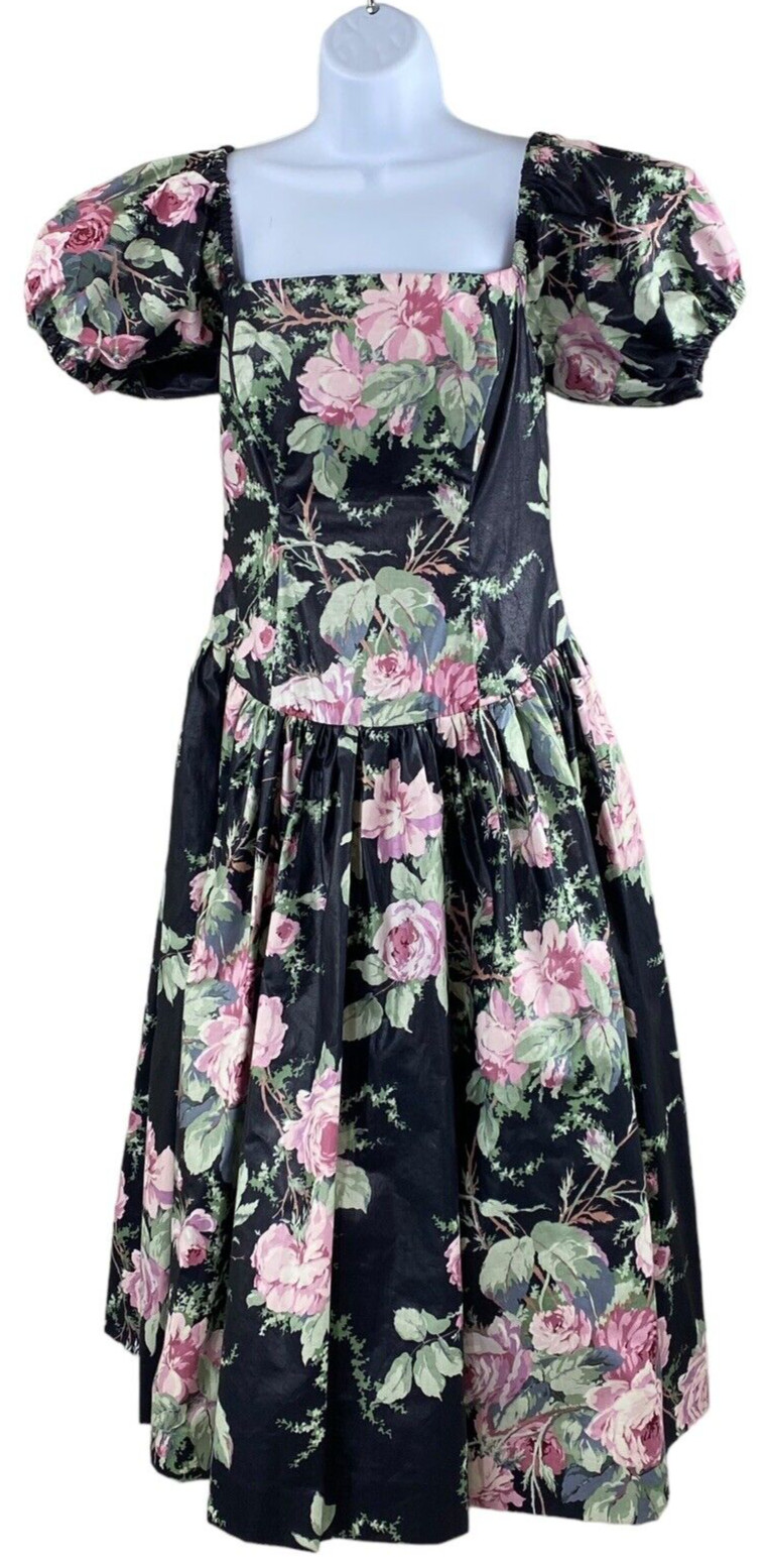 VTG 1980s s.g.gilbert Black Floral Chintz Dress Tulle Underskirt Tea Length Prom