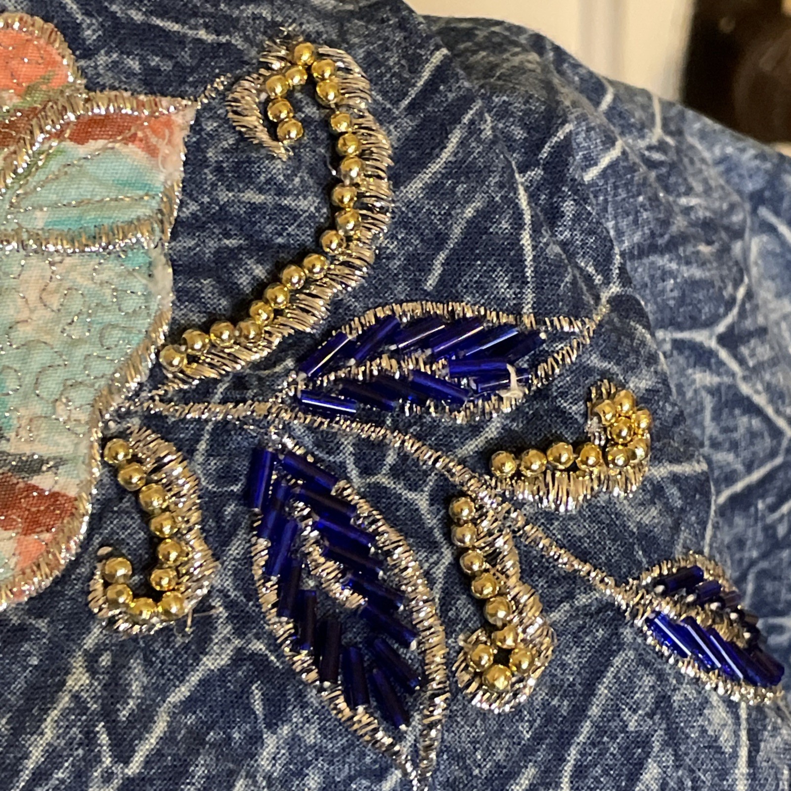 Vintage Acid Wash Denim Outfit Intricate Beaded Floral Embroidery 80s 90s Large
