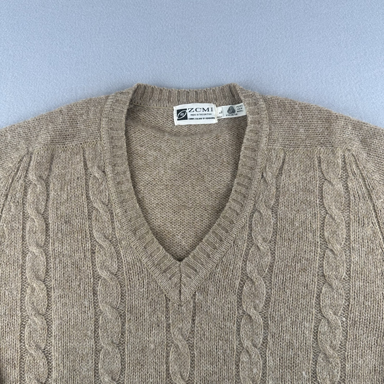 ZCMI Vintage 70s Beige Pure New Wool Sweater Size Large Made in British Crown HK