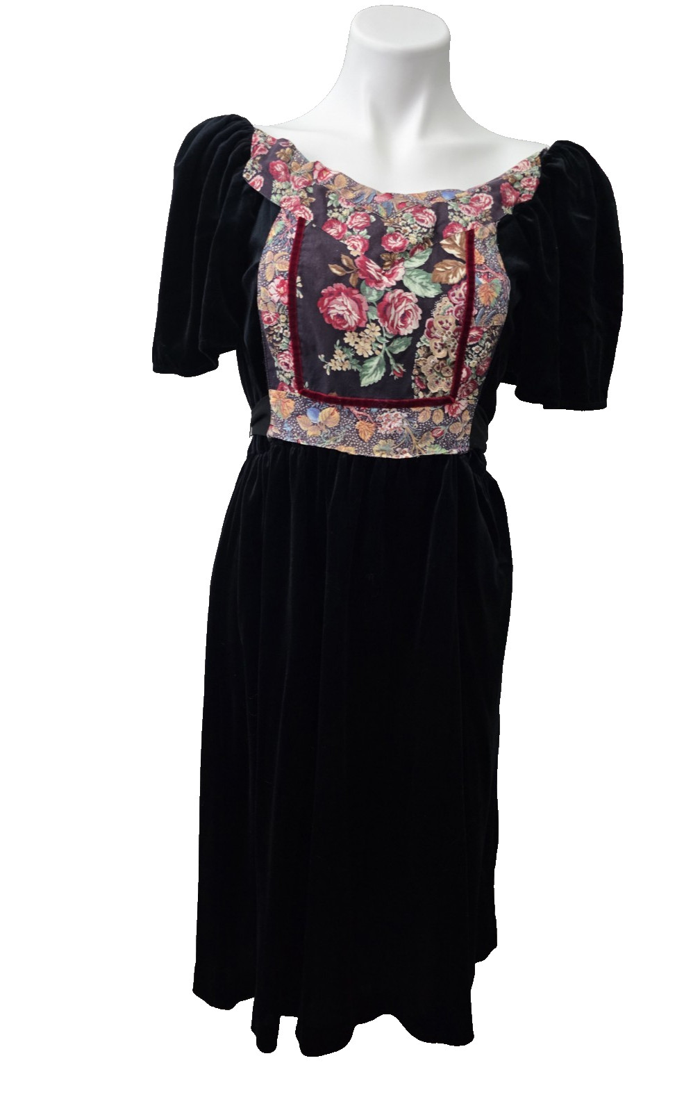 vintage 80s black velvet dirndl dress featuring a floral patterned bodice, Dress