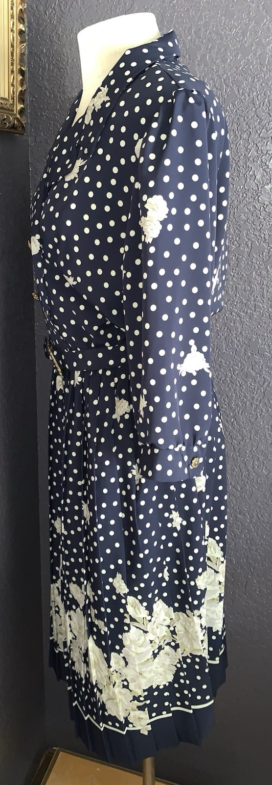 B7 80s SZ 12 BRELI ORIGINALS SILKY BELTED DRESS NAVY FLORAL PAD SHOULDER PLEATED