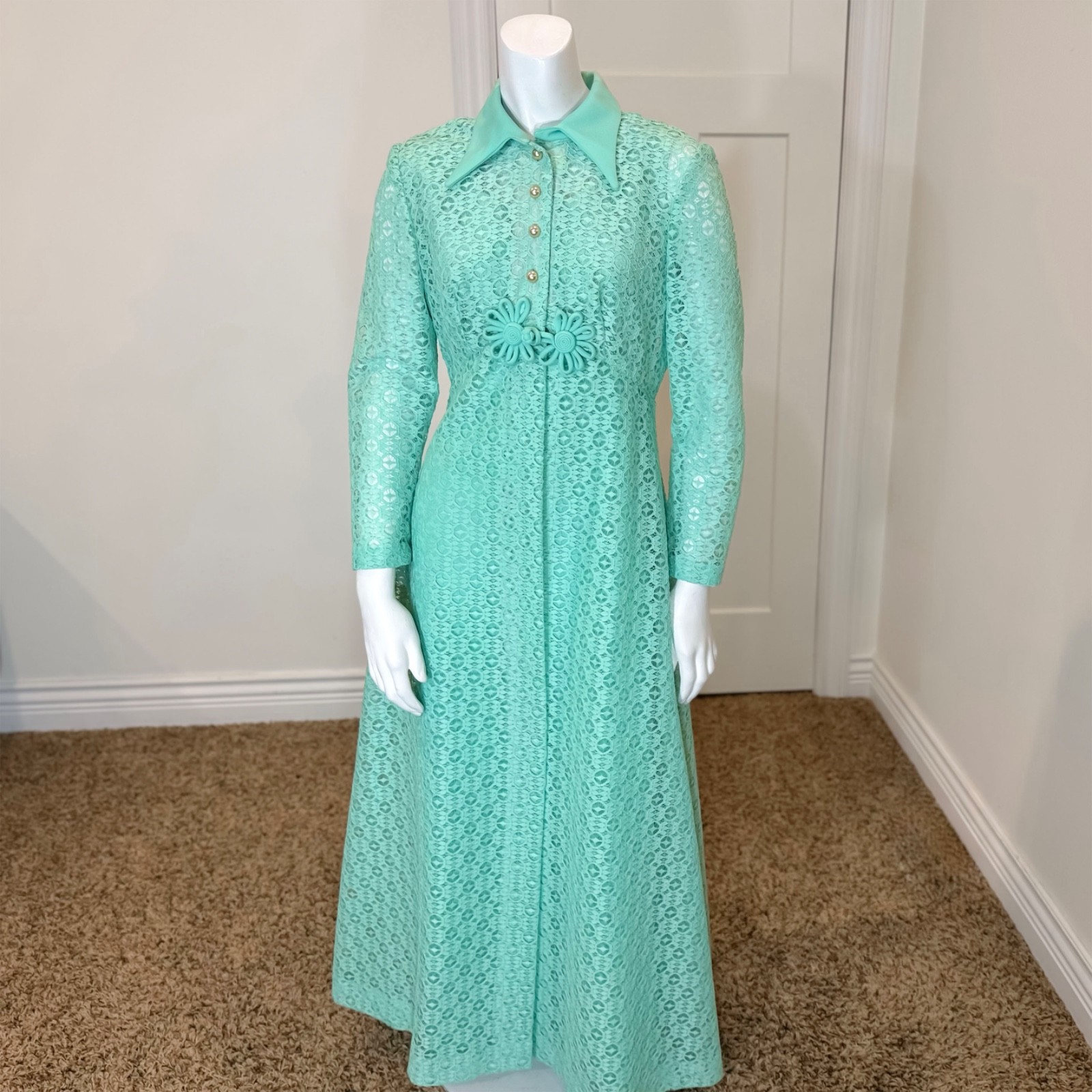 Vintage 70’s LACE MAXI SHIRT JACKET x DRESS SET M MCM Retro Green Suit Evening