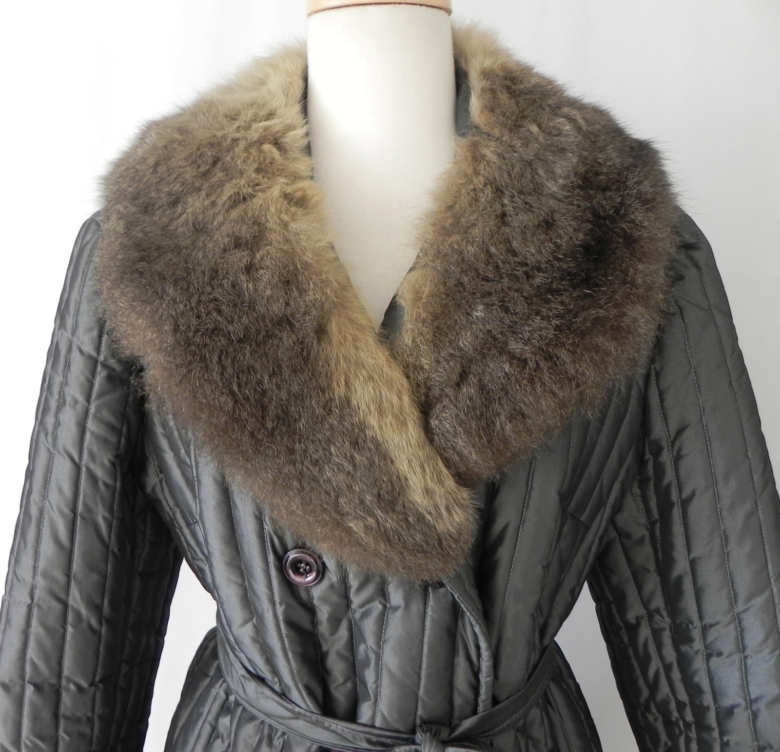 Union Made Quilted Puffer Coat Insulated Gray A-Line Fur Collar Belted Pockets M