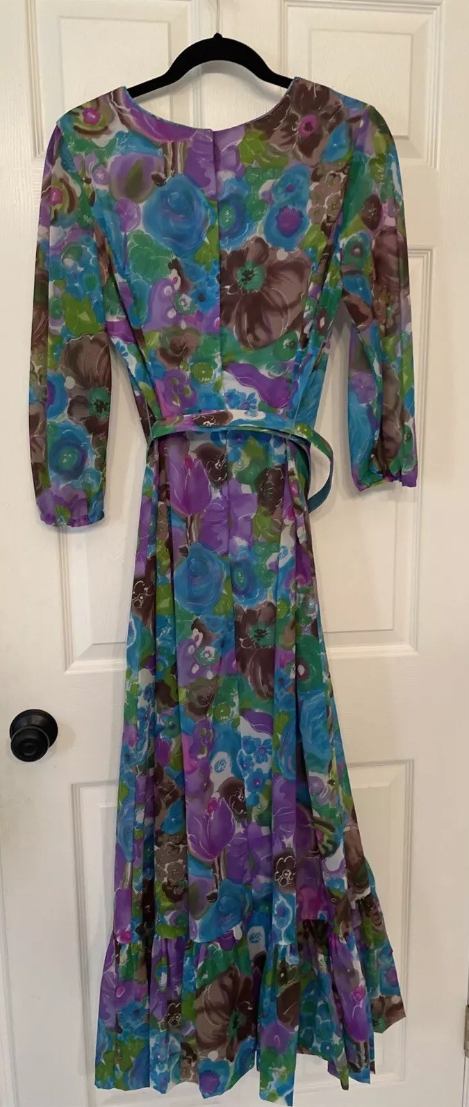 Vintage Floral Gown Blue Green Watercolor Chiffon Dress 60s 70s Size: XS S