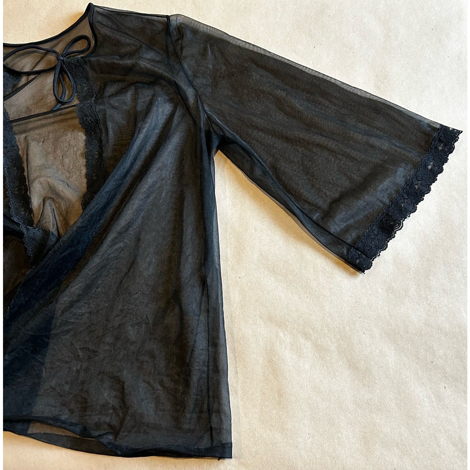Vintage Black Sheer Lace Bell Sleeve Boudoir Jacket Pin Up Lingerie S/M