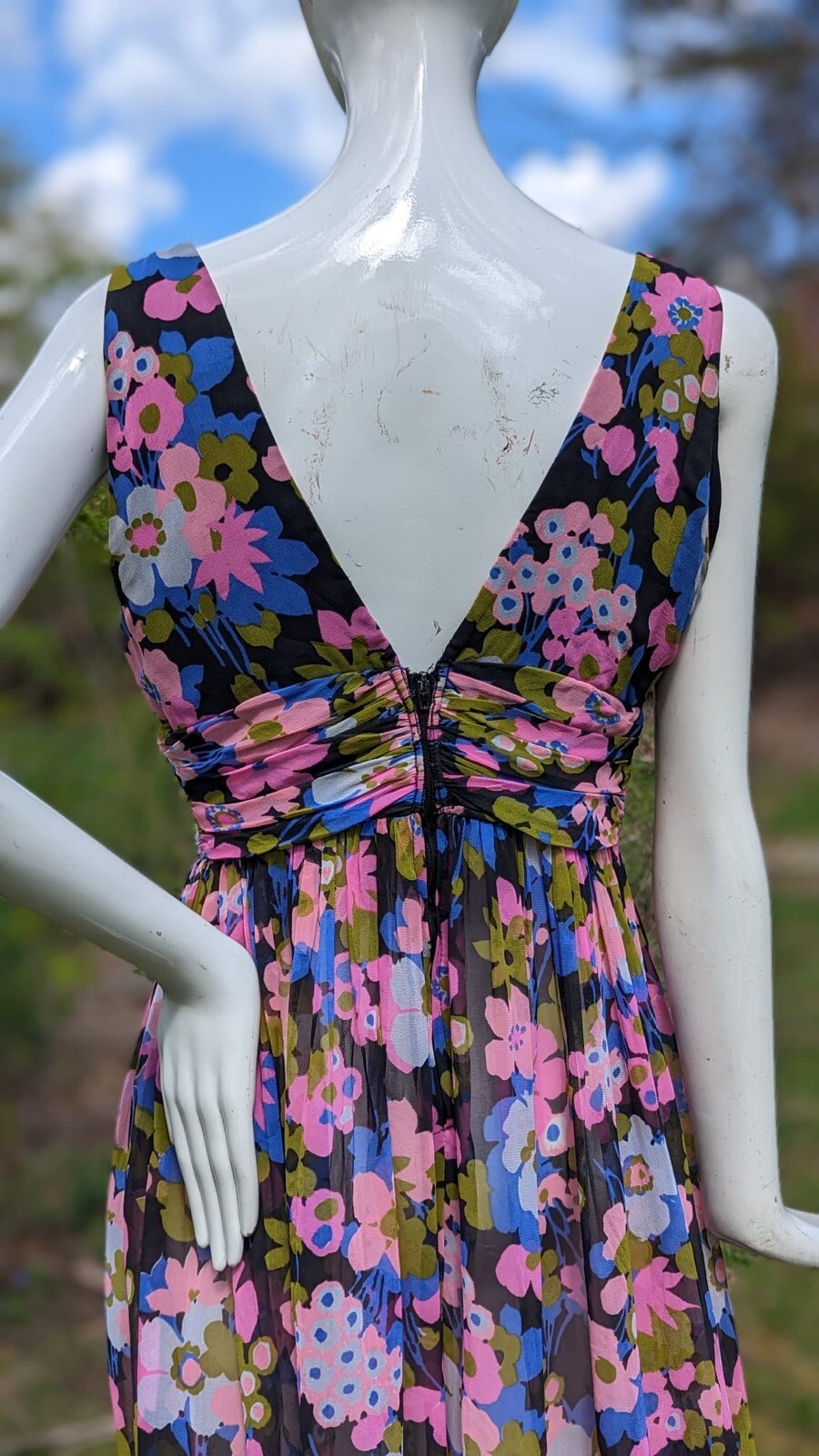 VINTAGE 1970’S FLORAL POLY CHIFFON LONG DRESS W BELTED WAIST