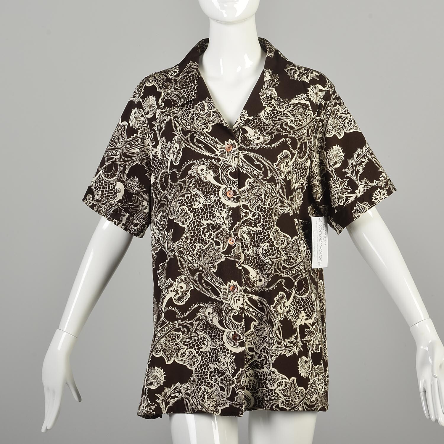 1970s XL Top Psychedelic Funky Brown and Cream Top Buttoned Collared Printed