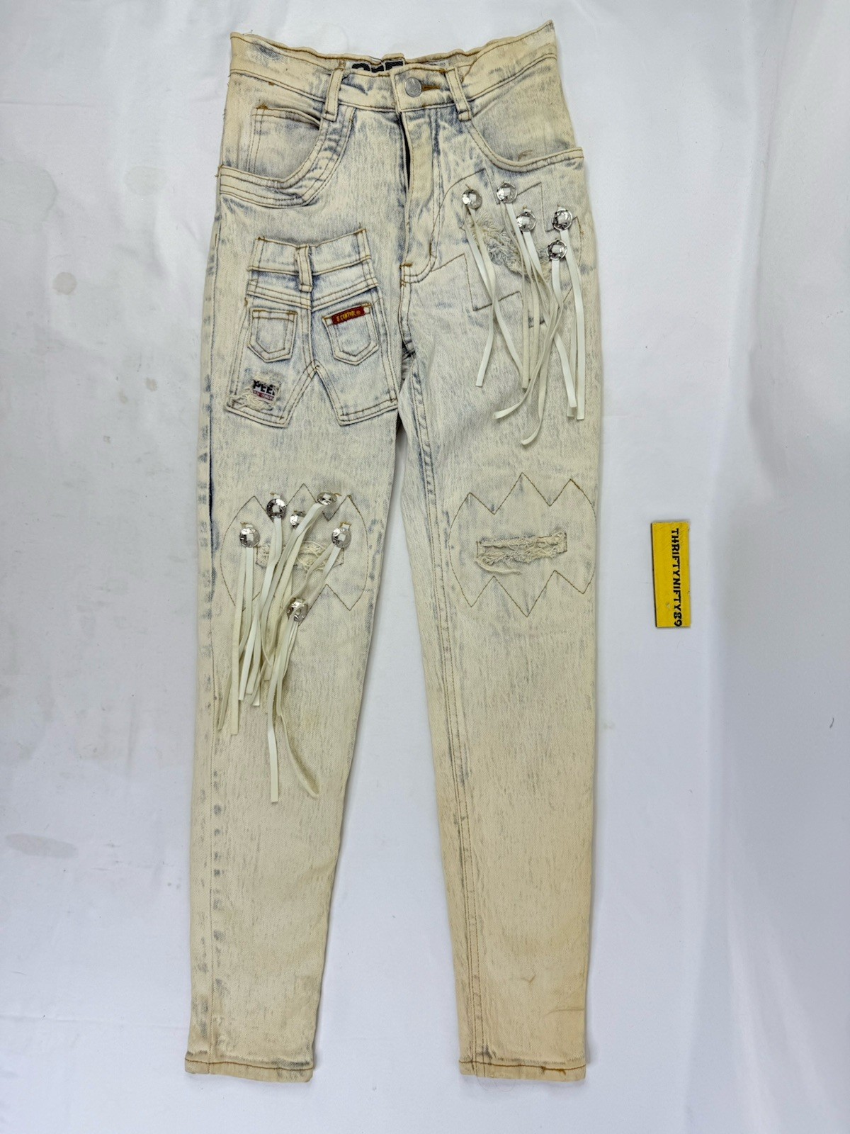 Vintage 90s Acid Stonewashed Jeans Speed Denim Sz 3/4 Frayed Patch Stretch 80s