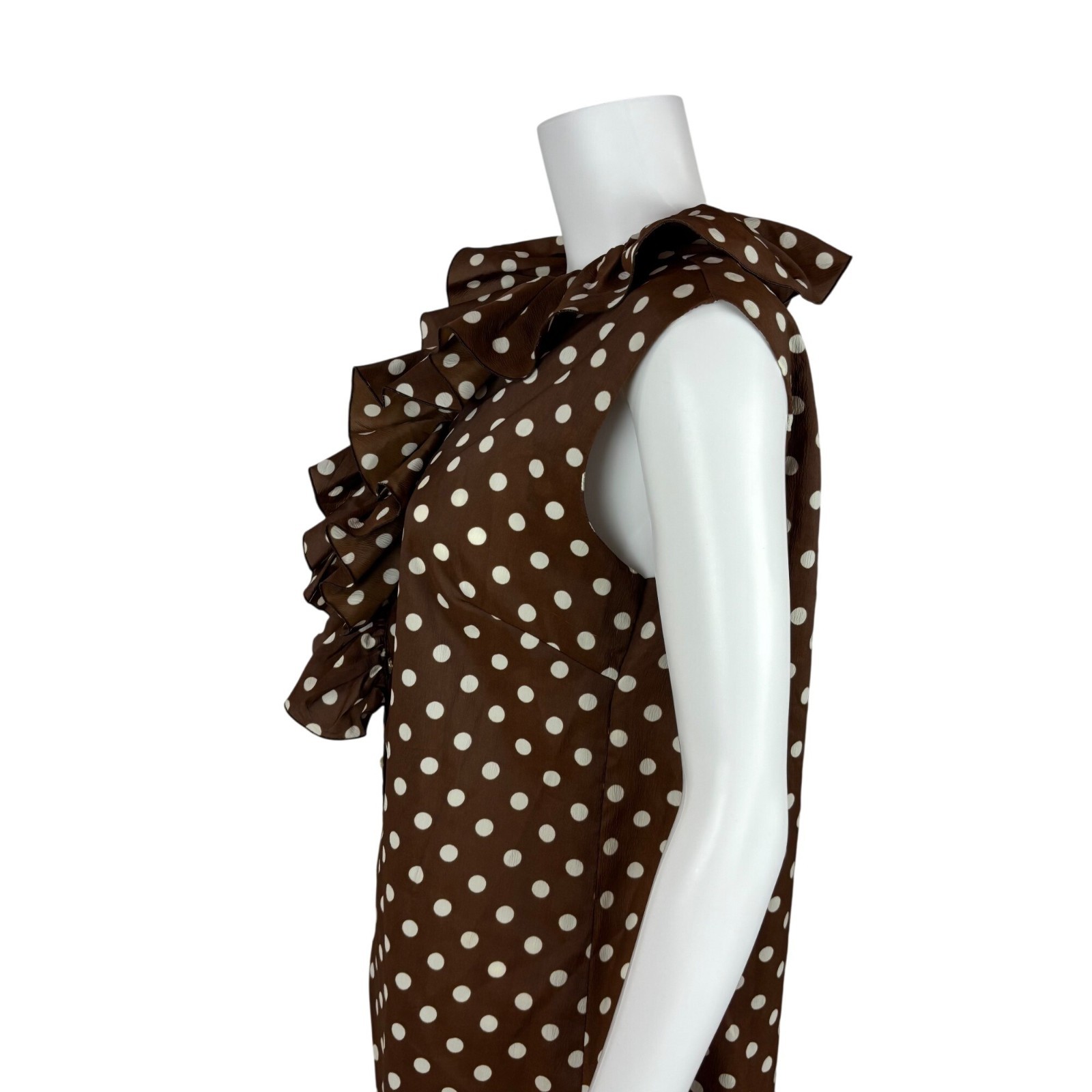 Vintage 60s Polka Dot Dress Womens Large Brown White Ruffle Collar Shift