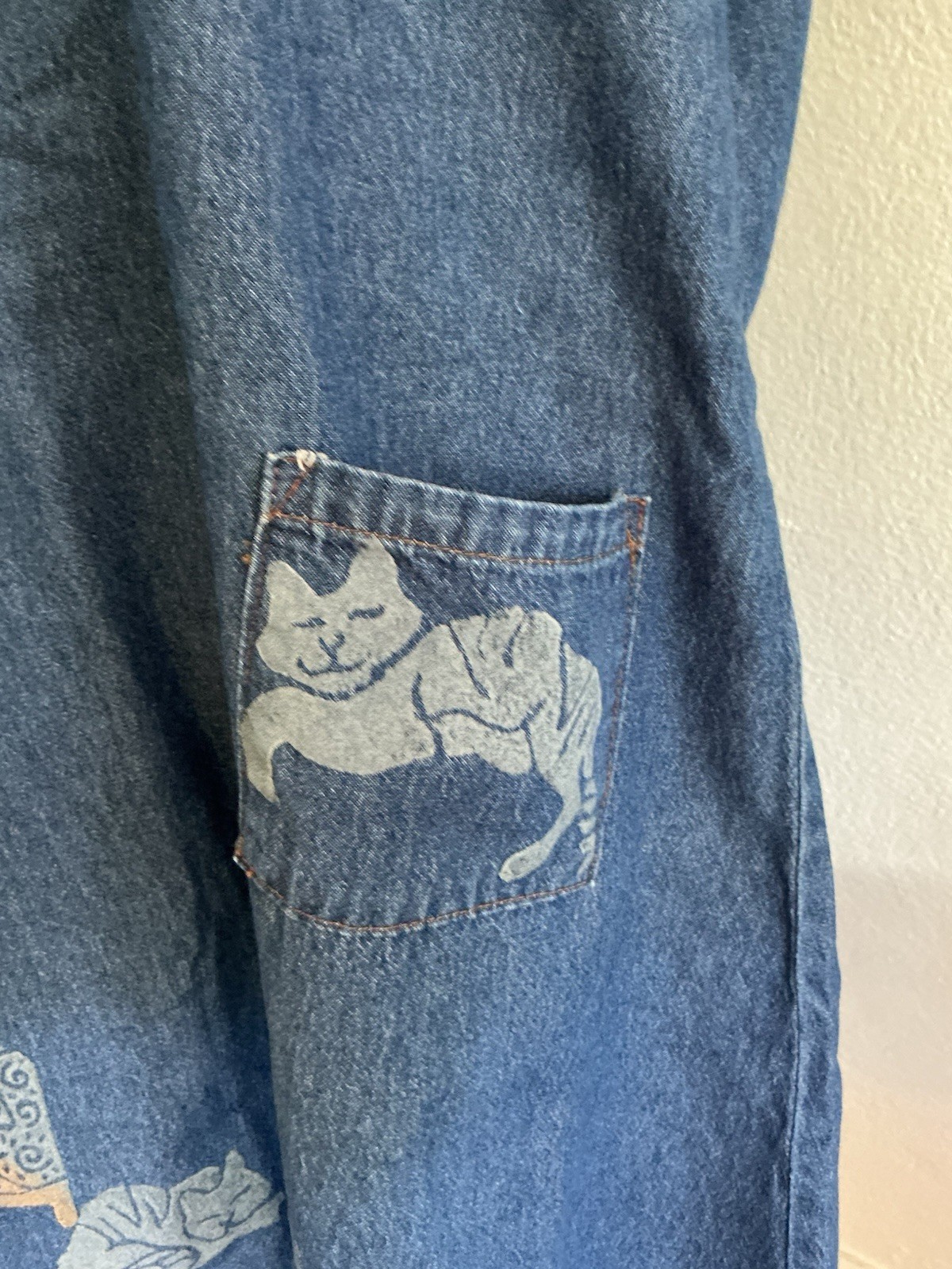 Vintage Rama USA Denim Dress Pockets Smock Hand Painted Cats Plants Comfy Boho L