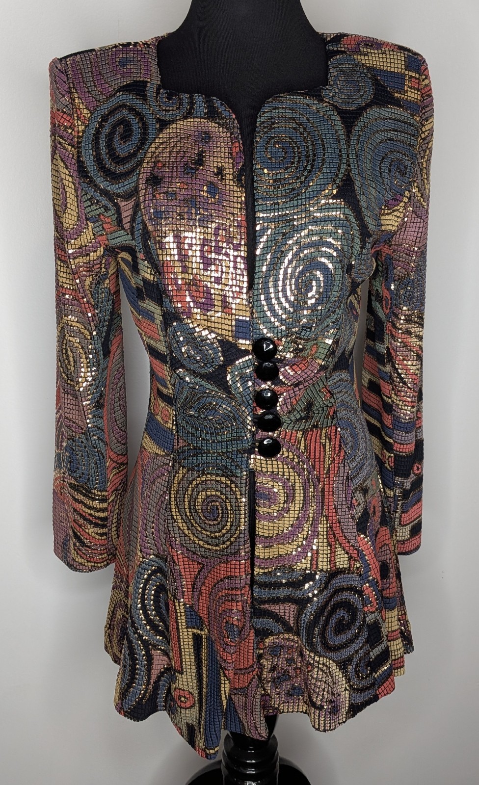 Vtg Lillie Rubin Hand Painted (?) Metallic Jacket Mosaic Pattern Spiral Petite