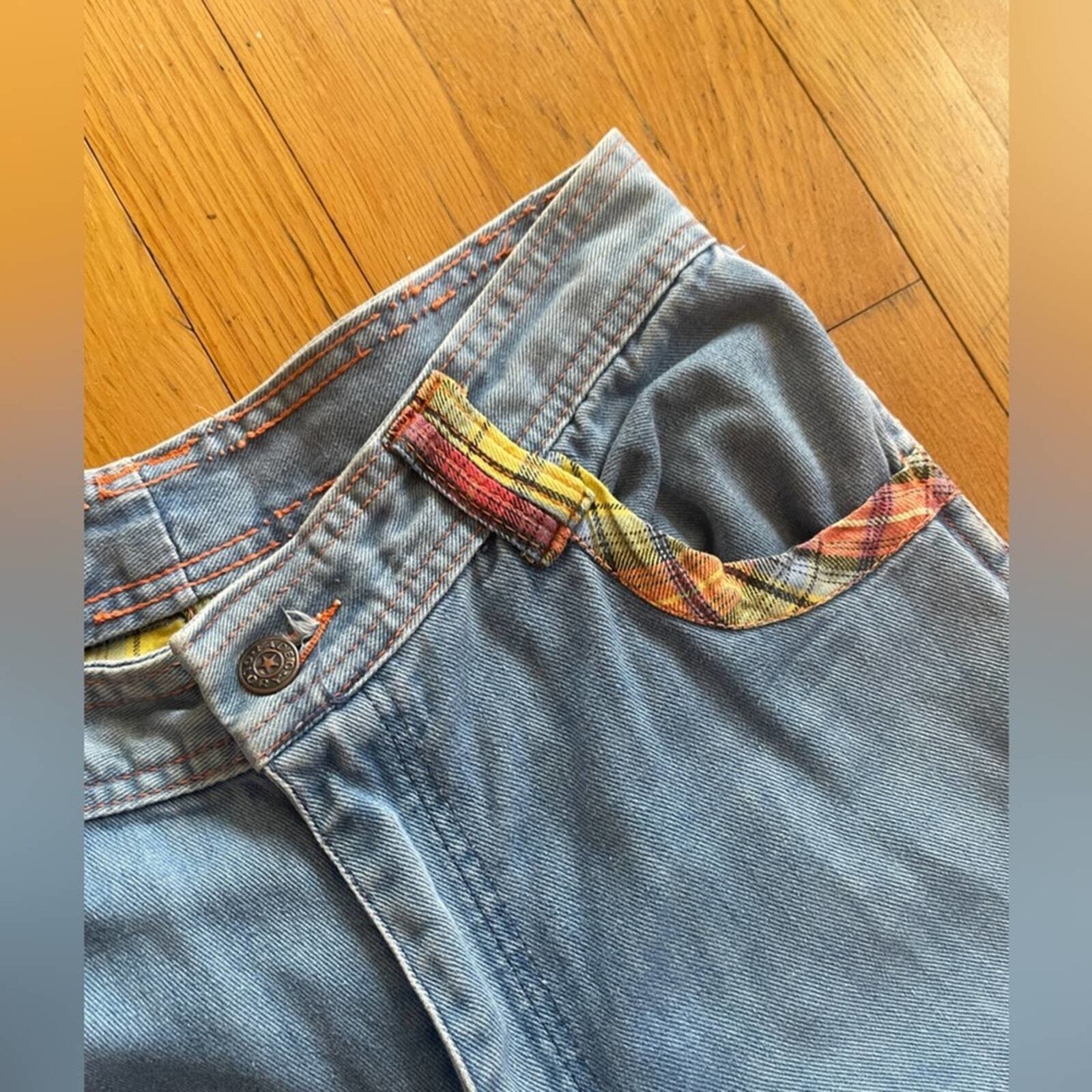 70s Vintage Faded Glory Light Wash Bell Bottoms w. Plaid Detailing