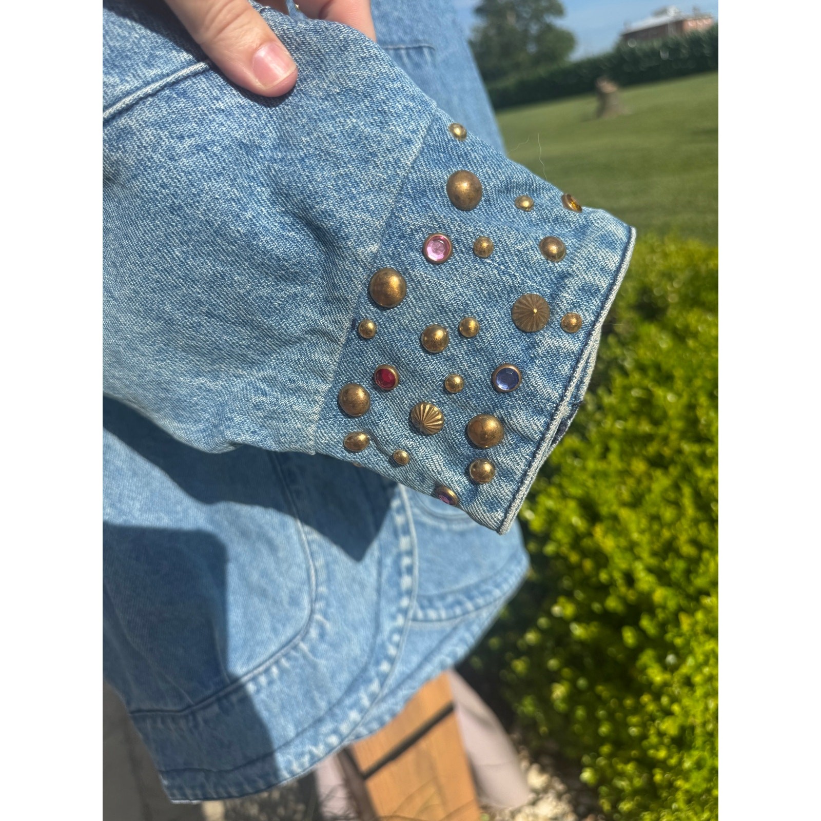 Vintage 80s Studded Rhinestone Denim Jacket Blazer Oversized Dolman Western L XL
