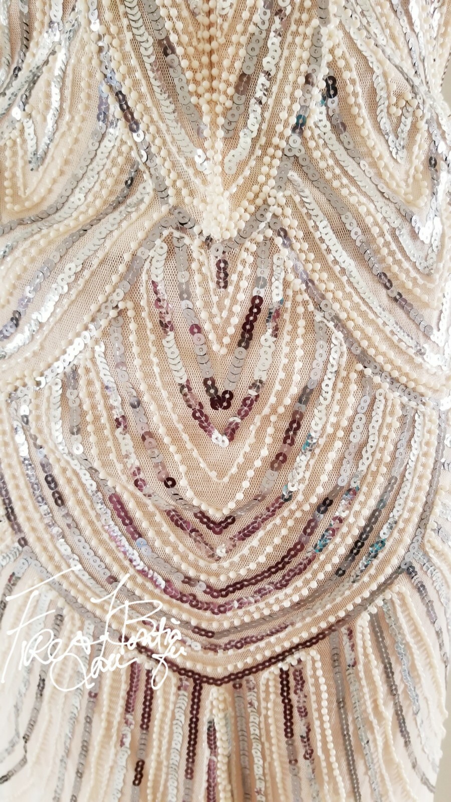 VINTAGE 60s 70s BEADED PEARL SEQUIN FRINGE FLAPPER DRESS SZ M 6 8