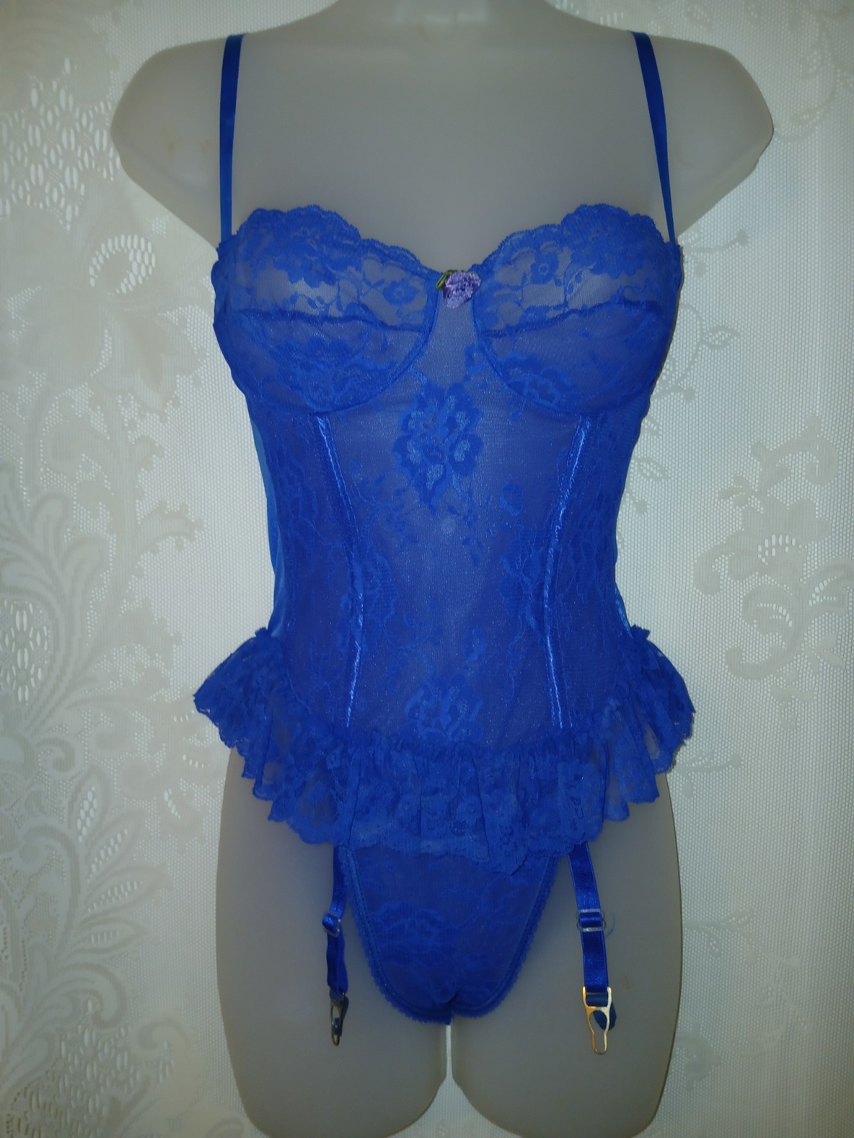 Vintage Shirley Of Hollywood Blue Floral Lace Hi-Cut Teddy Lingerie Garters M