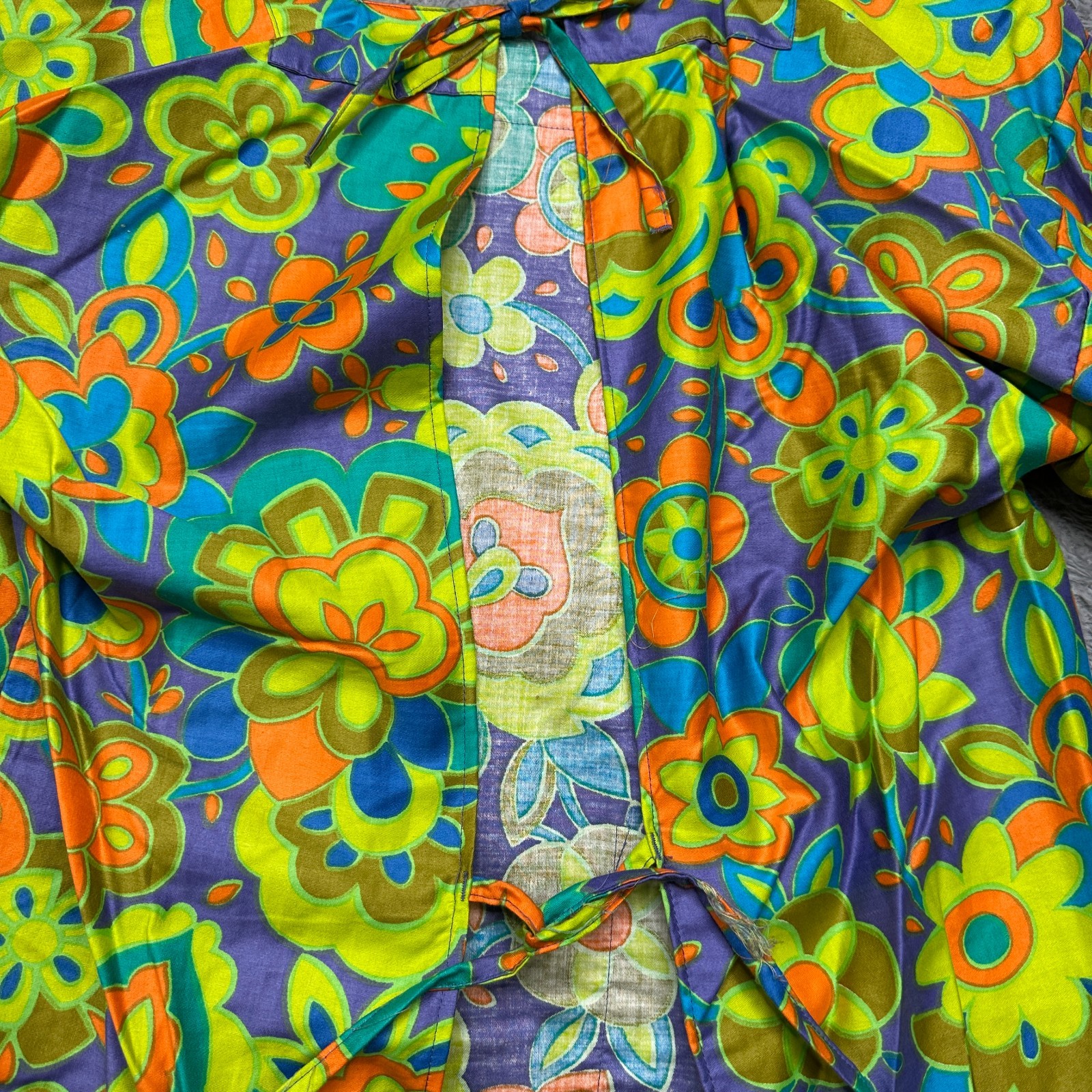Vintage 60/70s Smock Shirt Womens M Green Groovy Mod Flower Psychedelic Top