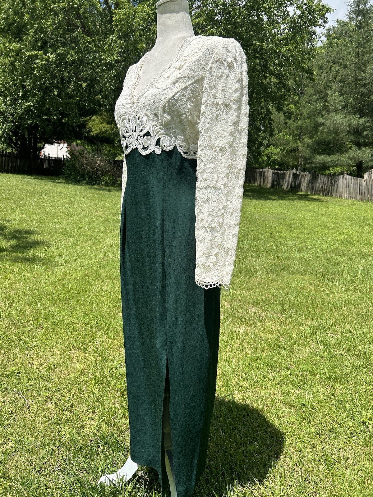 Vintage 90s Scott McClintock Ivory Lace Hunter Green Long Dress Cutout Back S M