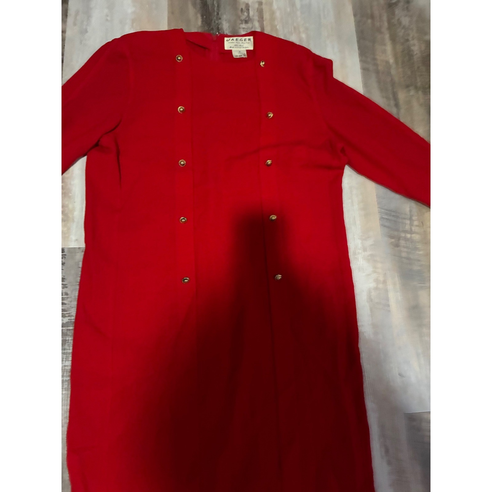 Vintage Jaeger London Red 100% Wool Dress Gold Button Detail Made in Britain