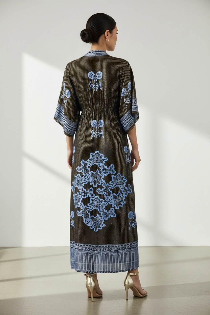 90s Gold Metallic Stripe Black and Blue Rayon Kaftan Dress | S M