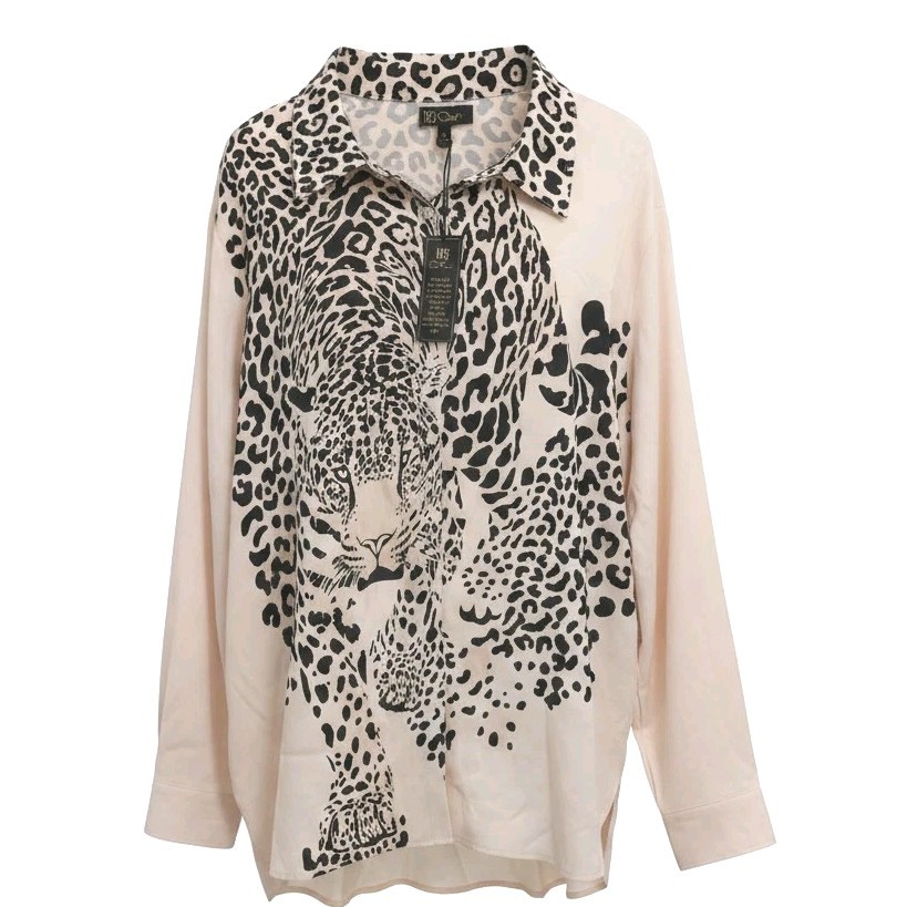 DG2 SILK Cheetah Animal Print Blouse Shirt Sz 3XL Creme Ivory Long Sleeve Luxury