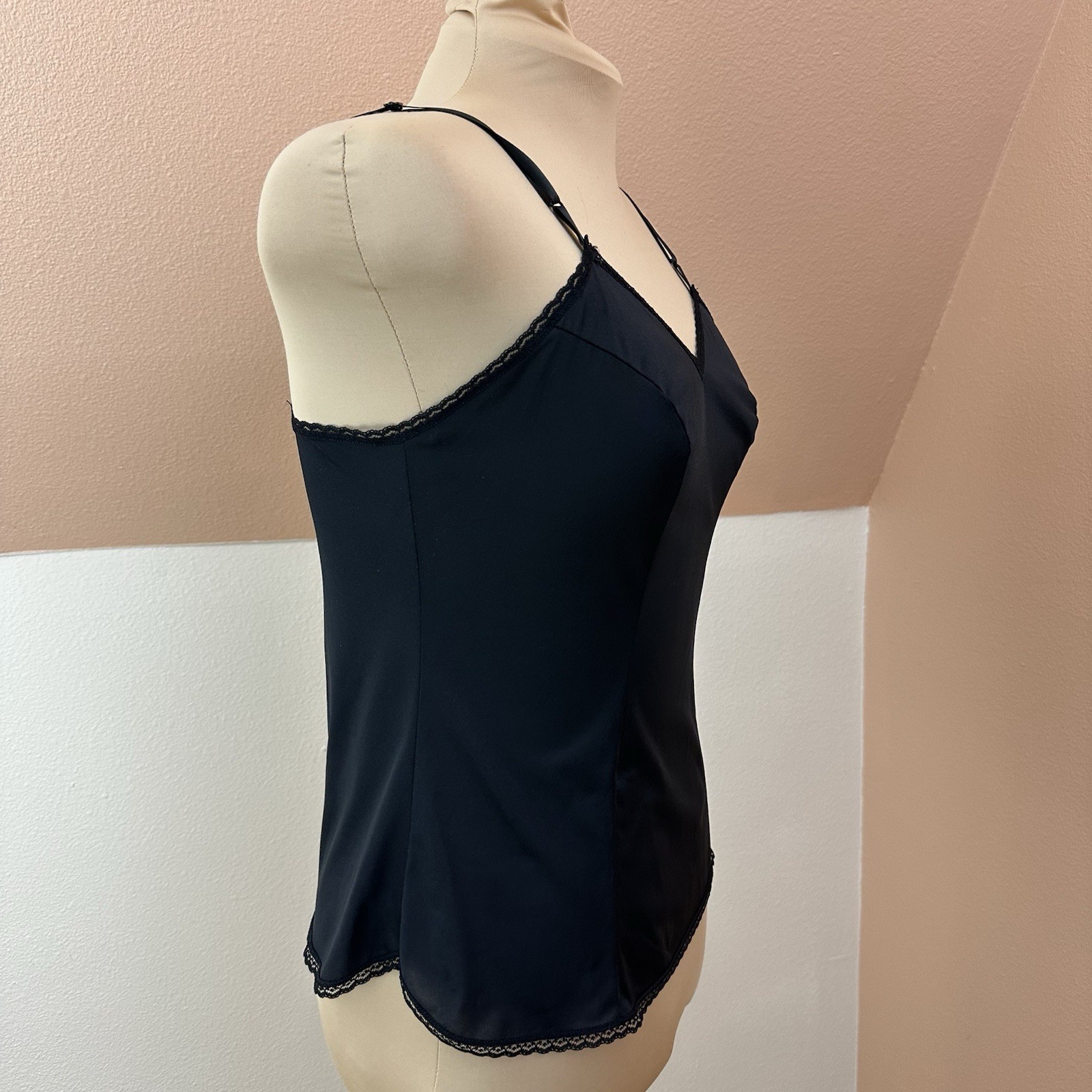Vintage 90s Y2K Vanity Fair Black Nylon Lace Trim Camisole Made in USA Sz Medium