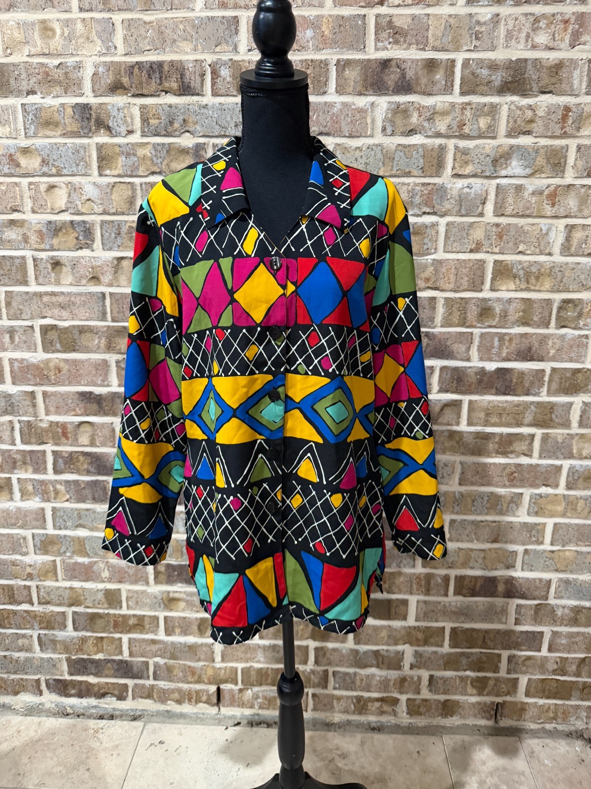 CM shapes women’s vintage 1990’s multi-colored geometric shape polyester blouse