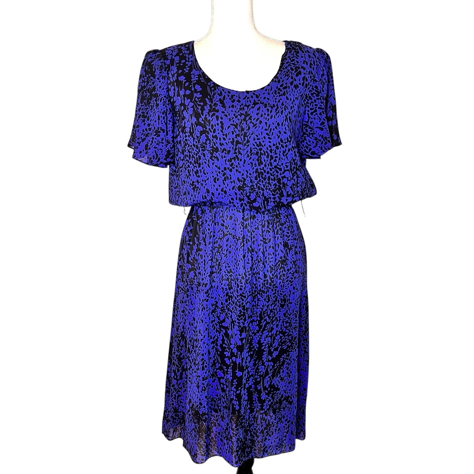 Vtg 90s Dawn Joy Fashion Blue Black Abstract Flutter Sleeve Blouson Midi Dress M