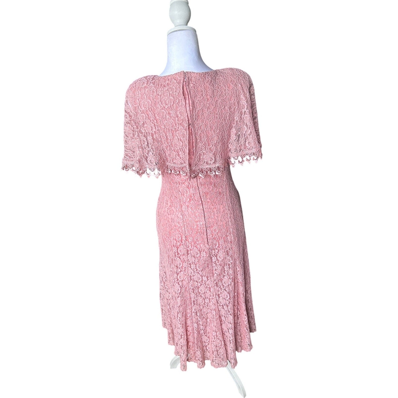 Vintage Cachet by Bari Protas Pink Lace Midi Dress Cape Collar USA Made 7/8