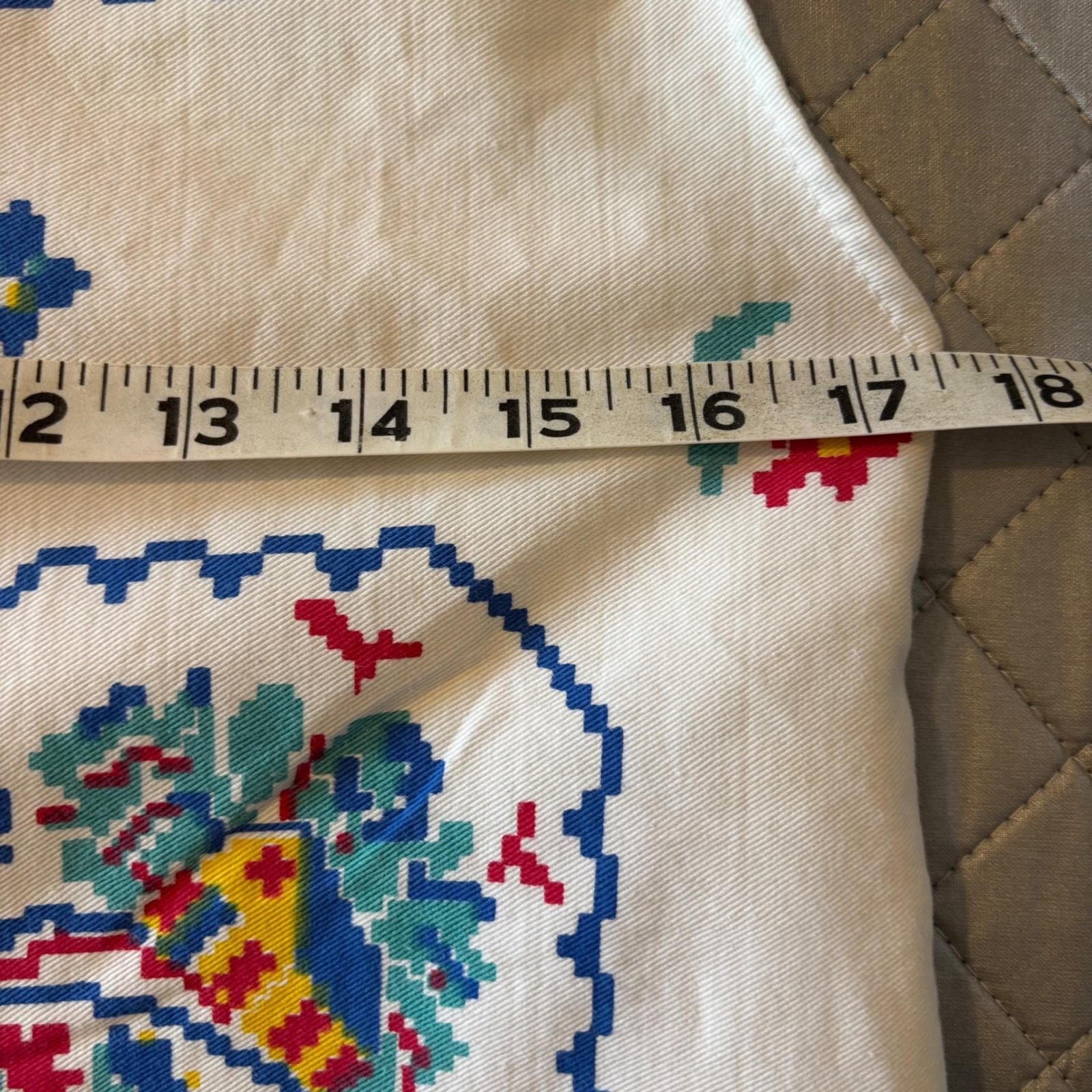 Vintage Handmade Upcycled Folk Art Cross Stitch Print Vest White Blue Gold Lined