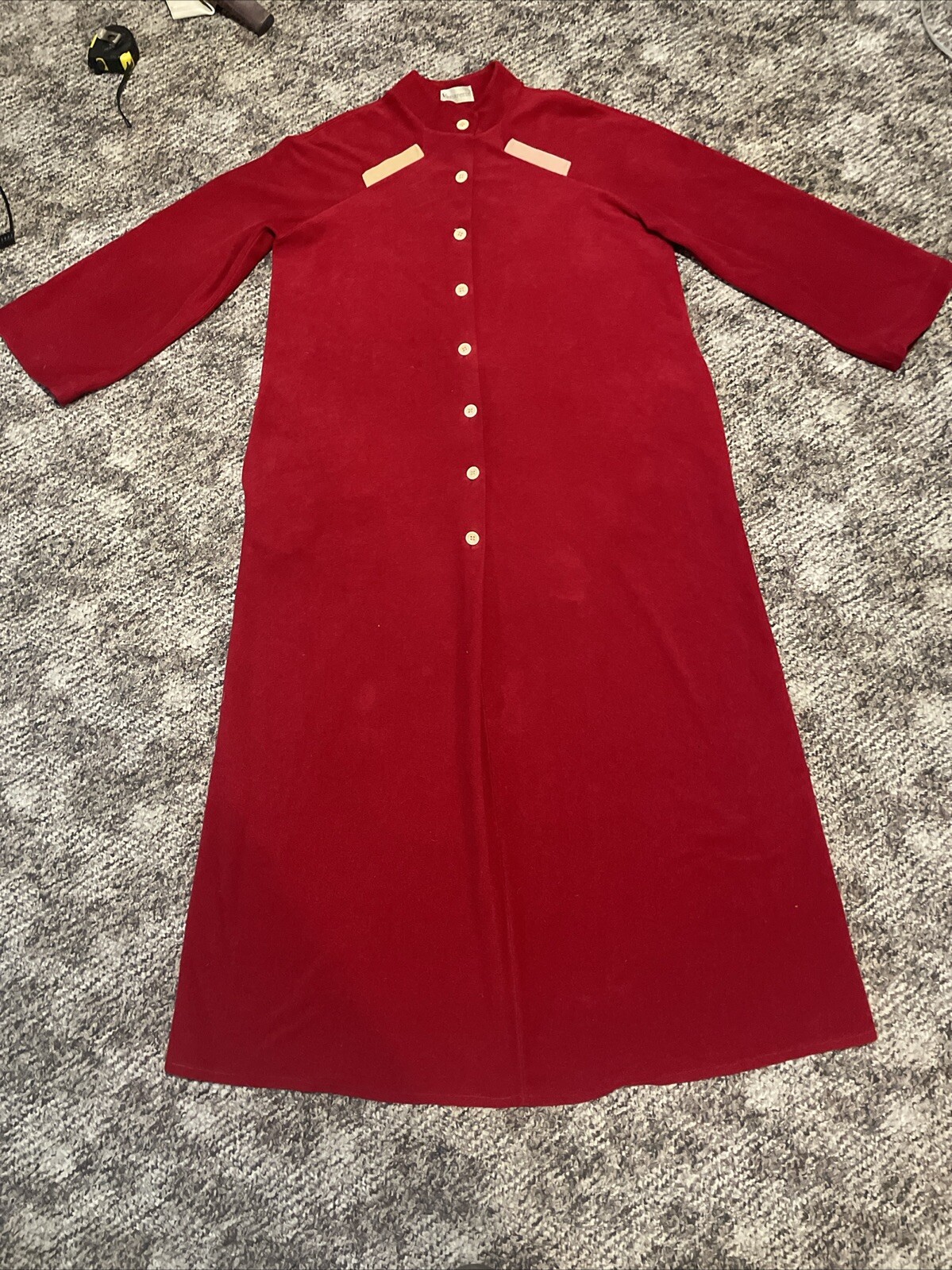 Vtg 70s Vassarette Red Velour Robe Sz S/M Housecoat Button Front Step In Pockets