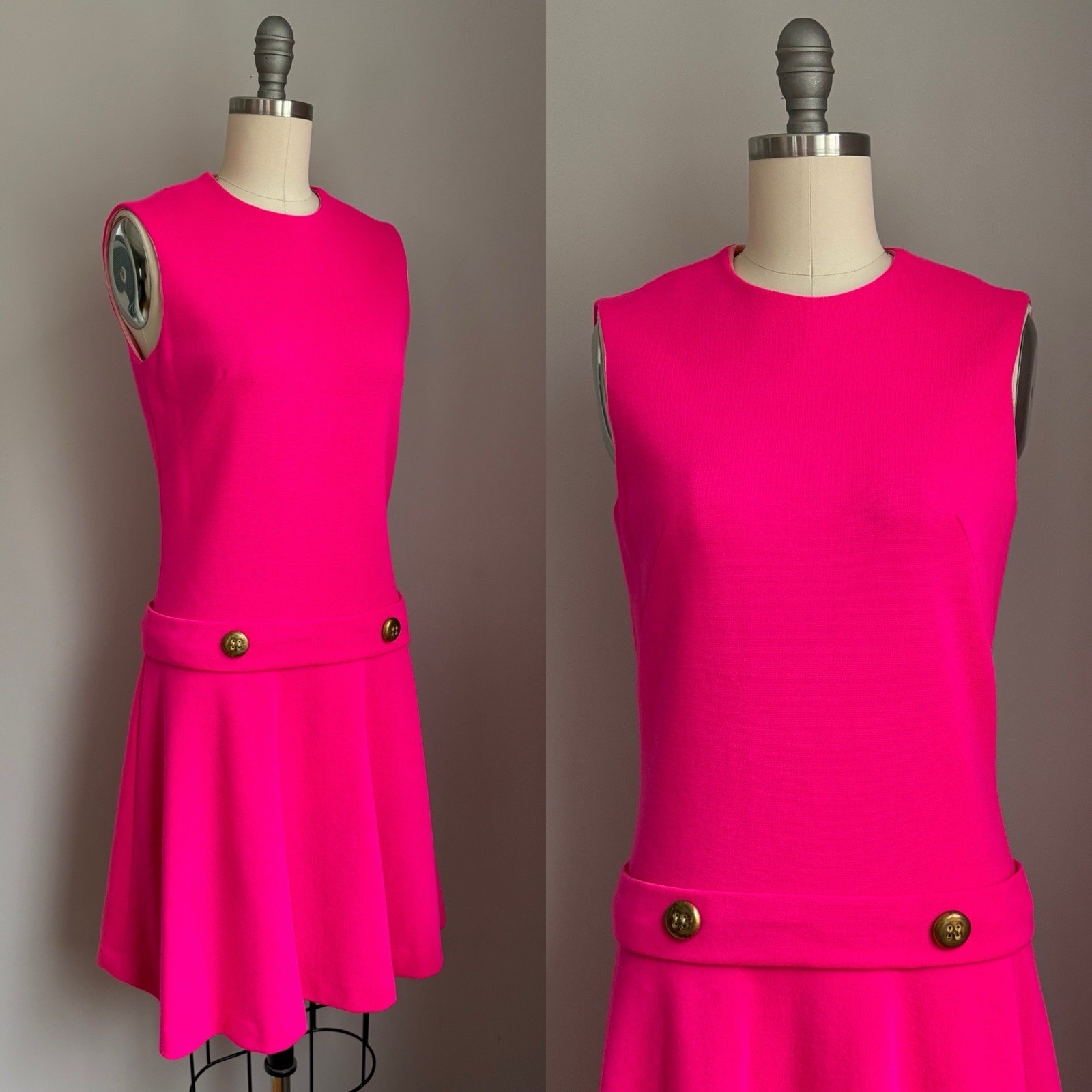 Vintage Mod 1960’s Neon Day Glo Hot Pink Drop Waist Dress XS/S