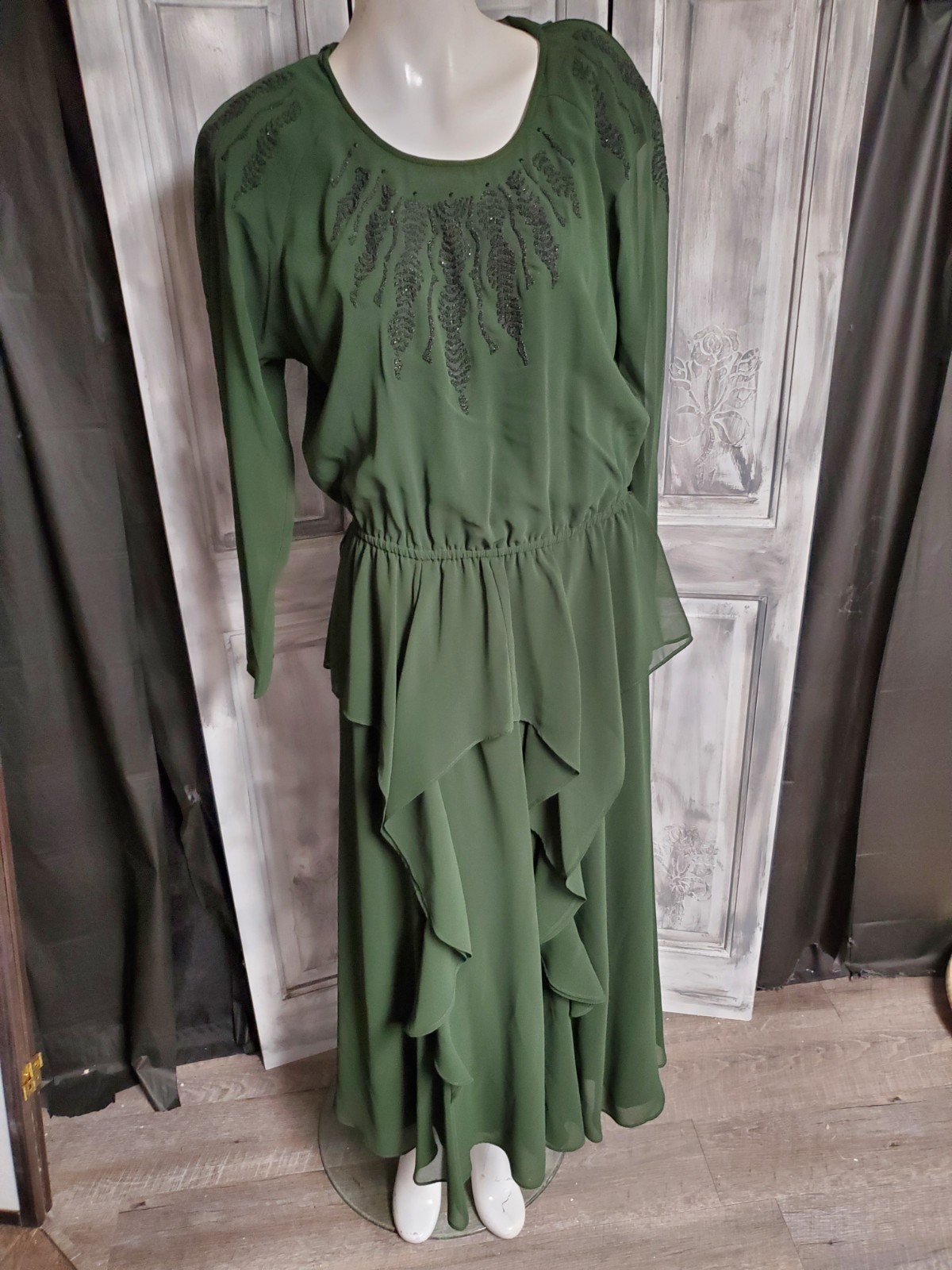 M VTG 80s Spencer Alexis 80s Does 40s dress Flowy Chiffon Peplum Midi Elastic W