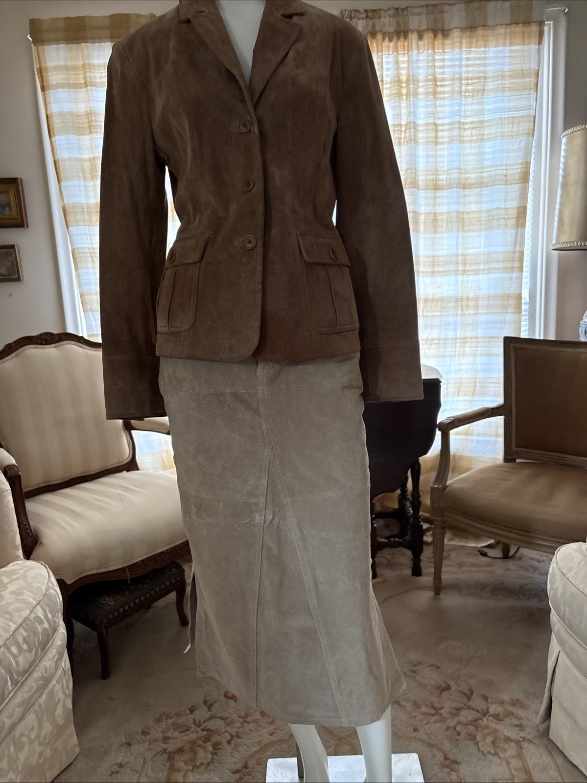 Vtg Neutral Zone Tan Suede Genuine Leather Pencil Skirt Lined Pockets Slits Sz 5