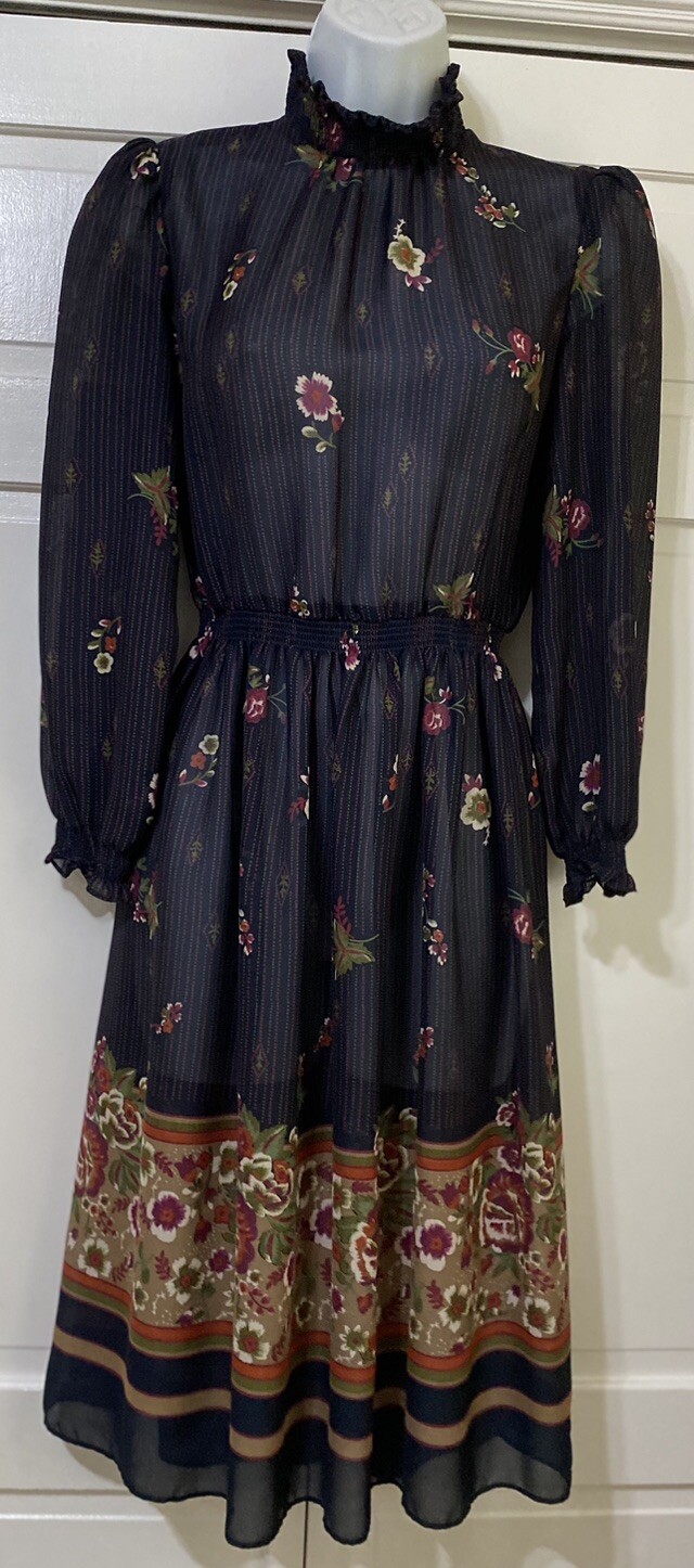 Vintage LF Petite Union Made Blue Floral Print Mock Neck Secretary Dress Size 4