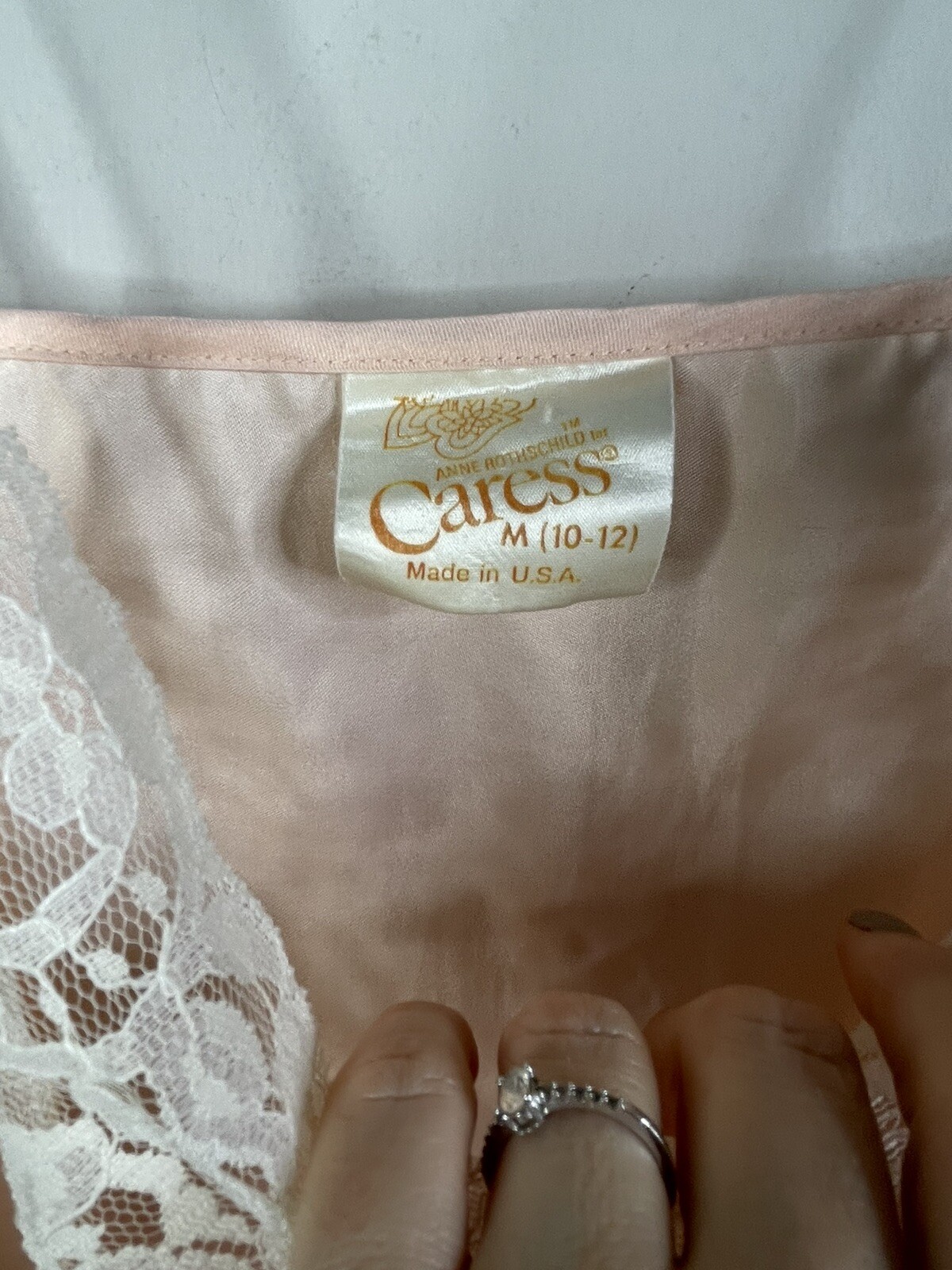 Vintage Anne Rothschild for Caress Lingerie Satin Lace Blush Peach M Chemise USA
