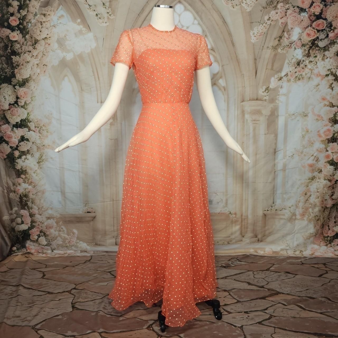 1970s Peachy Orange Polka Dot Rhinestoned Maxi Gown Sheer Chiffon Layered Dress
