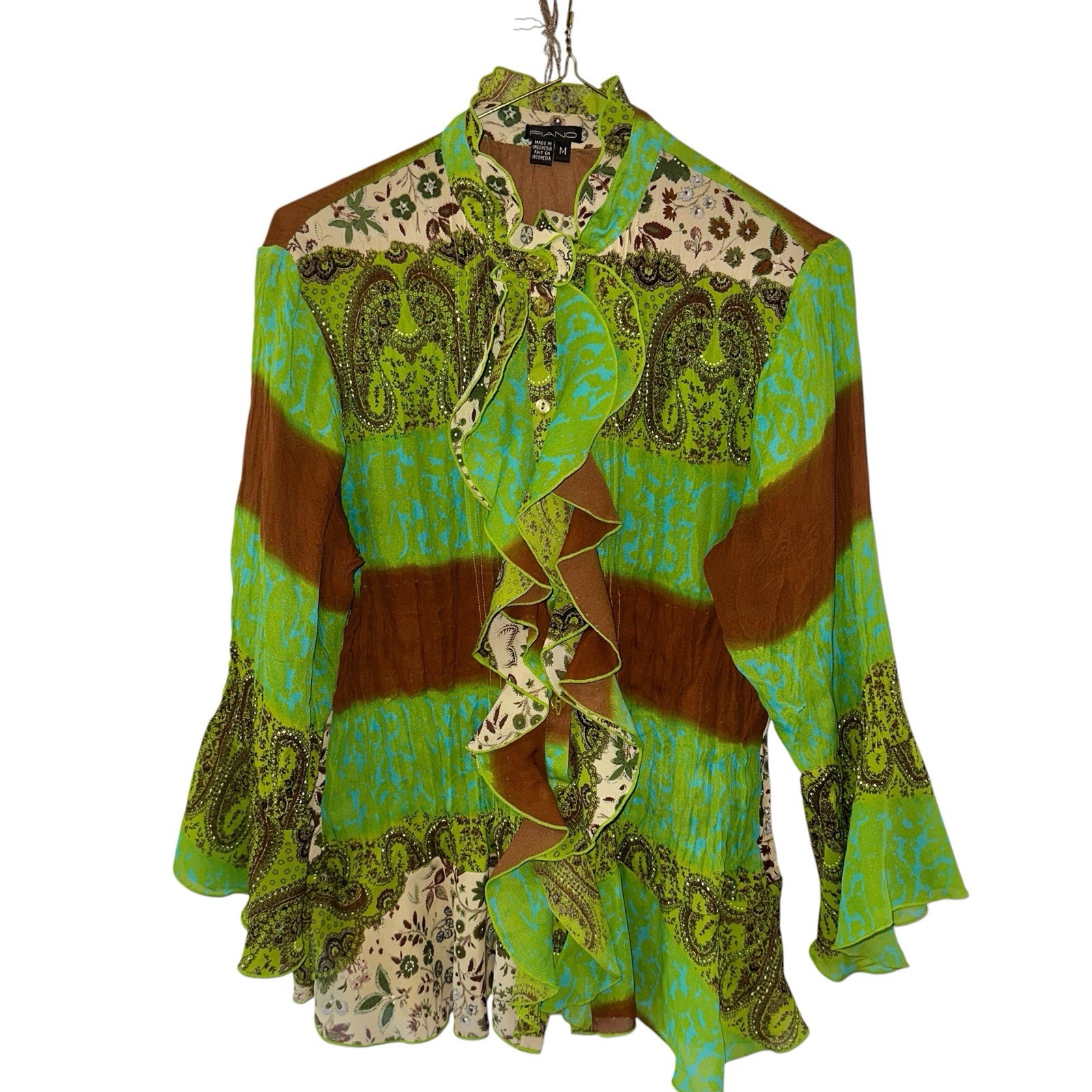 Vtg Green And Brown Retro Style Ruffled Front High Neck Blouse Size Medium