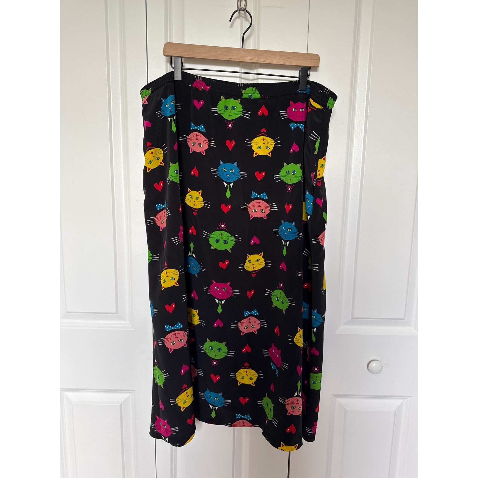 Bob Mackie Wearable Art Vintage Cat Print Midi Skirt Black Novelty Hearts Large