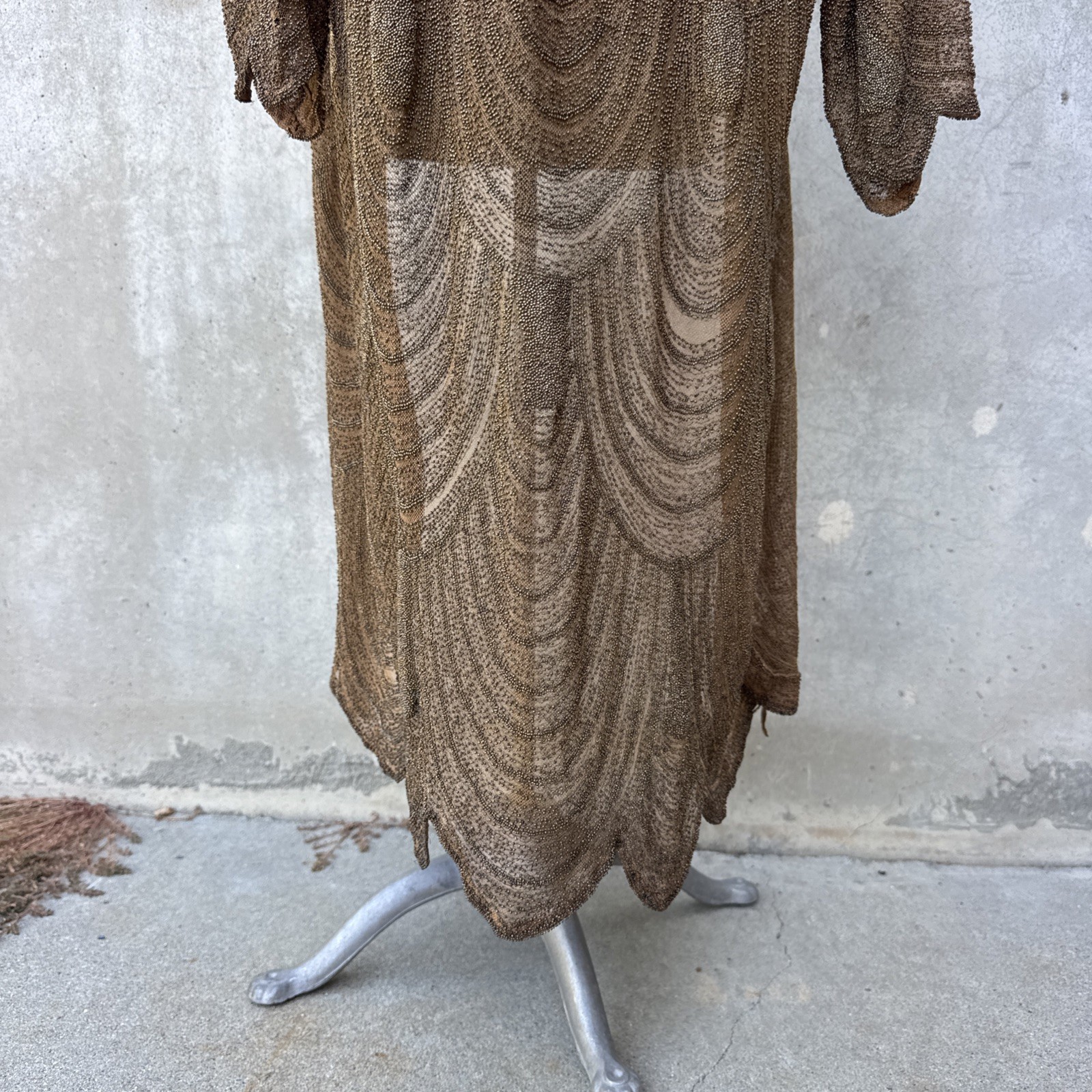 Antique 1920s Completely Beaded Gold Coat Scalloped Hem Art Deco Net Vintage